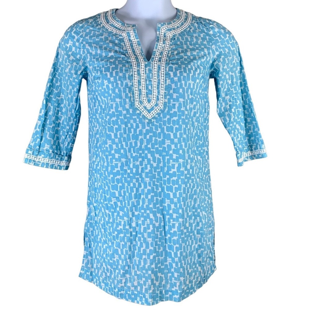 Boden Blue White Geometric Cotton Tunic Top Crochet Trim WA486 Womens 6 US 10 UK